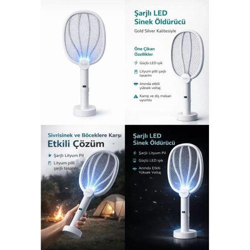 Gs-3602 Şarjlı Led Sivrisinek Öldürücü Raket Standlı Çift Kullanımlı Lityum Pilli