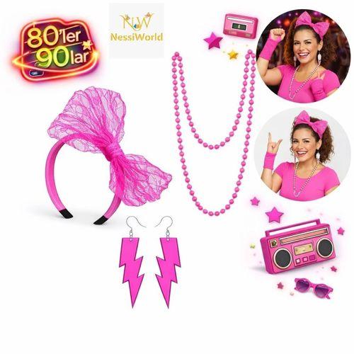 80’ler 90’lar Neon Pembe Parti Seti – Kolye Küpe Taç