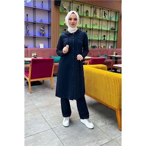 Kapşonlu Düğmeli Sade Basic Uzun Tunik ve Pantolon İkili Spor Takım - 03072.015 - Lacivert