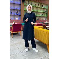 Kapşonlu Düğmeli Sade Basic Uzun Tunik ve Pantolon İkili Spor Takım - 03072.015 - Lacivert