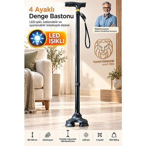 Katlanabilir Ayarlanabilir LED Işıklı 4 Ayaklı Denge Bastonu Teleskopik Alüminyum Ergonomik Portatif Baston 723656