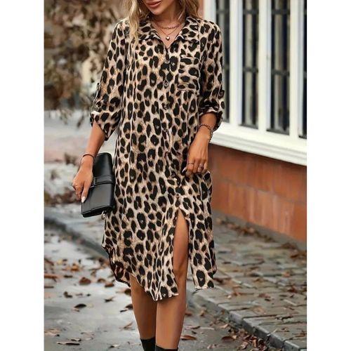 Kadın Uzun Kollu Yakalı önden Düğmeli Leopar Desenli Modal Midi Elbise