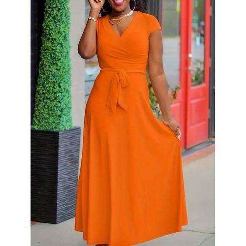 Kadın Kısa Kollu V Yakalı Belden Kuşaklı Maksi Boy Viskon Elbise