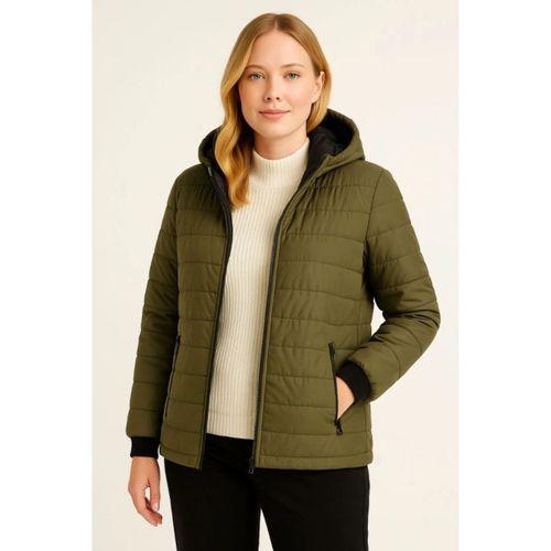 Şişme Kapüşonlu Fermuarlı Mont Su Itici Kapitone Astarlı Kumaş Cepli Kışlık Rahat Kalıp - Haki