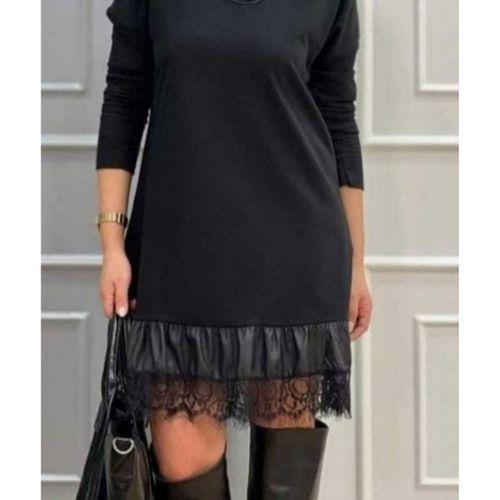 Kadın Uzun Kollu Bisiklet Yaka Etek Ucu Deri Dantelli Viskon Iki Iplik Midi Elbise