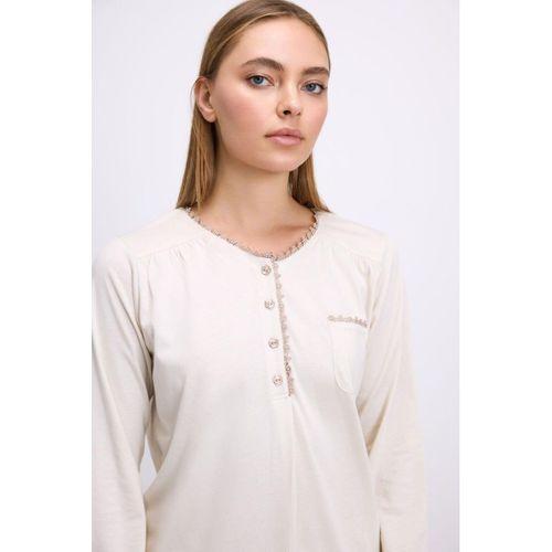 Fil Dişi Modal Pamuklu Uzun Kollu Düğmeli 2'li Pijama Takımı