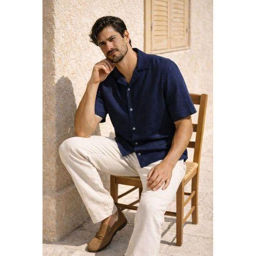 Doris Oversize Kalıp Odessa Kumaş Resort Yaka Kısa Kollu Erkek Gömlek - Lacivert