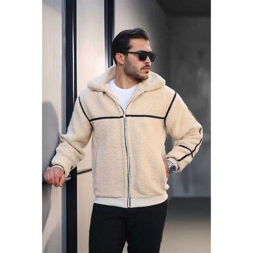 İçi Astarlı Şerit Detaylı Peluş Erkek Mont - Ekru