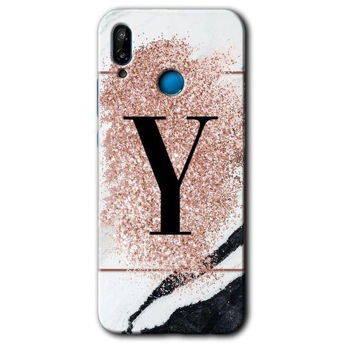 MRCİLETİSİM Huawei P20 Lite Kılıf HD Desen Baskılı Arka Kapak + Temperli Cam - Pembe Mermer Desenli Y Harfi
