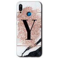 MRCİLETİSİM Huawei P20 Lite Kılıf HD Desen Baskılı Arka Kapak + Temperli Cam - Pembe Mermer Desenli Y Harfi