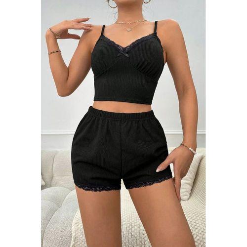 Kadın Siyah Alt Ve Üst Dantel Detaylı Fiyonklu Şortlu Gecelik Takımı