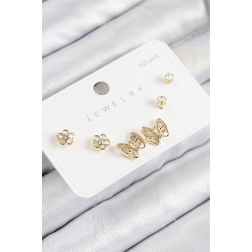 Pirinç Zirkon Taşlı Kelebek Model Gold Renk 925 Ayar Gümüş Çivi Kadın Küpe Set