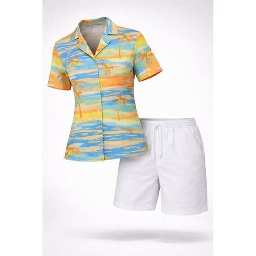 Yazlık Tropikal Desenli Gömlek Şort Takım Rahat Kalıp Tatil Kombin  - Desenli