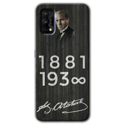 MRCİLETİSİM Realme 7 Pro Kılıf HD Desen Baskılı Arka Kapak + Temperli Cam - Atatürk Ahşap İmza