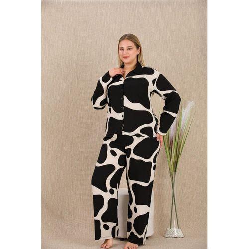Büyük Beden Siyah Beyaz Desenli Düğmeli Uzun Kol Viskon Pijama Takımı