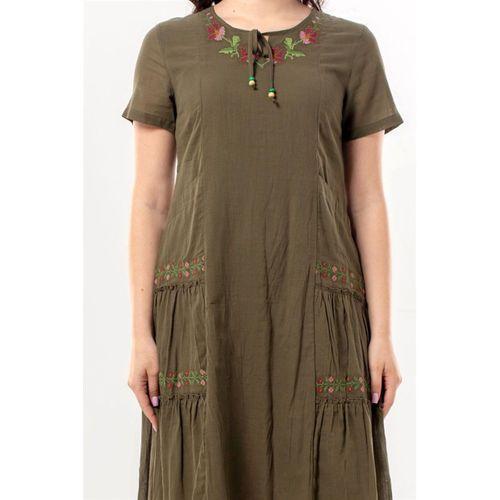 Kısa Kol Aynur Bisiklet Yaka Cepli Yazlık Vual Kısa Elbise Haki Hk