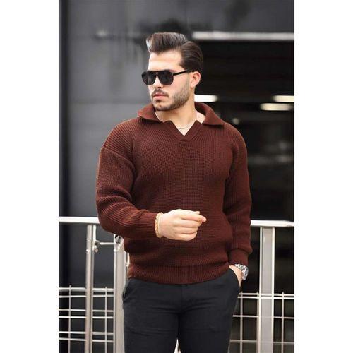 Oversize Gömlek Polo Yaka Selanik Örgülü Erkek Triko Kazak - Kahve