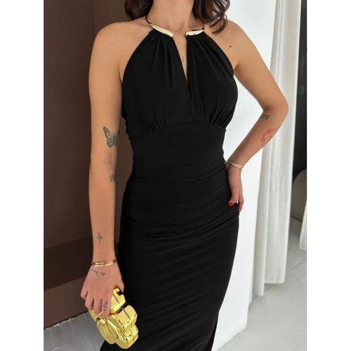 Uzun Abiye Elbise Yırtmaçlı Sırt Dekolteli Şık Gece Elbisesi - Siyah