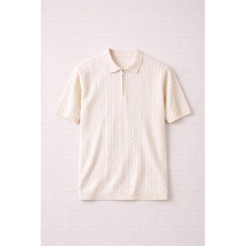 Burke Saç Örgü Yarım Fermuarlı Kısa Kollu İnce Triko Erkek T-Shirt - Bej