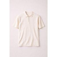 Burke Saç Örgü Yarım Fermuarlı Kısa Kollu İnce Triko Erkek T-Shirt - Bej