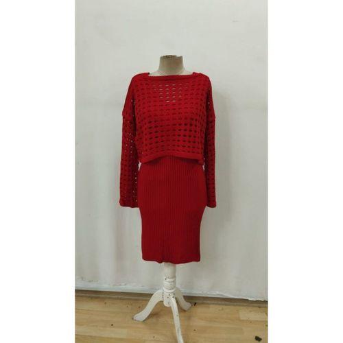 Kadın Uzun Kollu Delikli Kazak Askılı Elbise Triko Ikili Takım