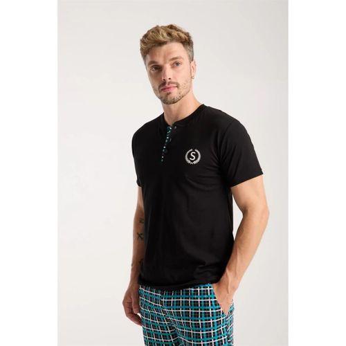Erkek Düğmeli Yaka Siyah Kısa Kol Pijama Takımı
