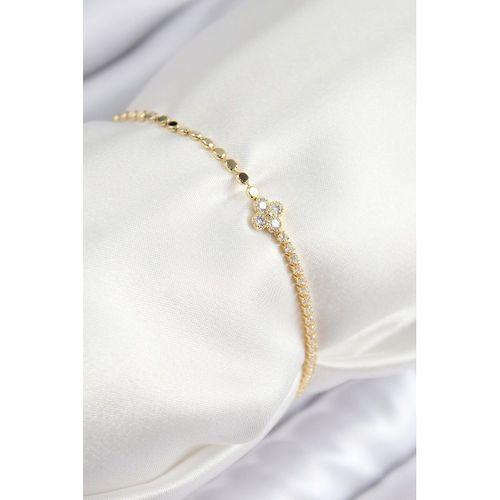Pirinç Zirkon Taşlı Yonca Model Ezme Zincir Gold Renk Kadın Bileklik