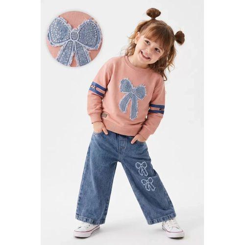 3/6 Yaş Taşlı Fiyonk Nakışlı Sweatli Kot Pantolonlu Çocuk Takımı