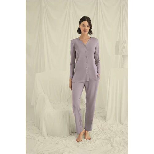 Uzun Kollu Düğmeli V Yaka Pijama Takımı