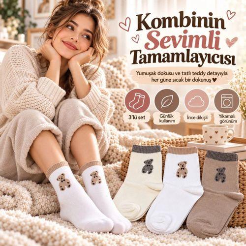 Kadın Soket Çorap Seti - Ayıcık Desenli, 3'lü Paket