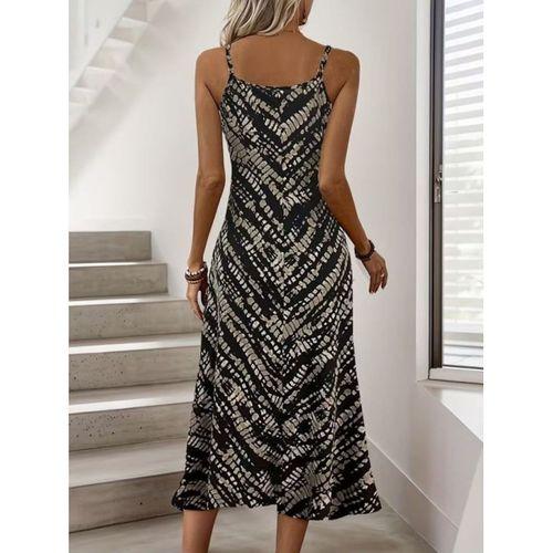 Kadın Ip Askılı V Yakalı Desenli Uzun Süprem Elbise
