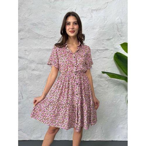 Baskılı Keten Elbise - Lila