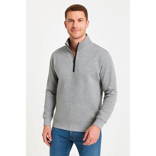 Erkek Dik Yaka Sweatshirt Dik Yaka Yarım Fermuarlı 3 İplik Şardonlu Pamuk Kumaş - Gri