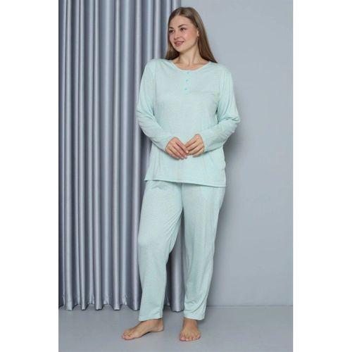 Kadın Büyük Beden Penye Uzun Kol Pijama Takım Su Yeşili