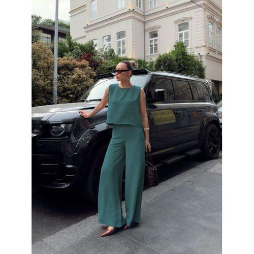 Kadın Geniş Paça Pantolon Ve Bluzlu Aerobin Kumaş Ikili Takım