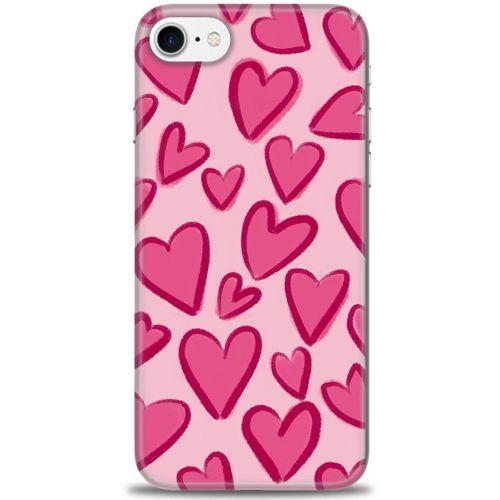 iPhone 7 Kılıf HD Baskılı Kılıf - Pembe Kalp + Tam Ekran Koruyucu