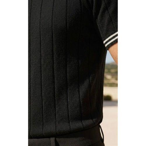 Dale Kolları Şeritli Bisiklet Yaka İnce Triko Örme Regular Fit Erkek T-Shirt - Siyah