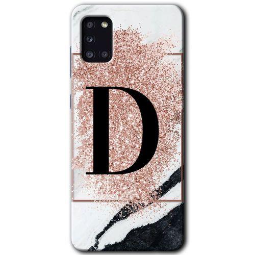 Galaxy A31 Kılıf HD Desen Baskılı Arka Kapak - Pembe Mermer Desenli D Harfi + Kırılmaz Cam