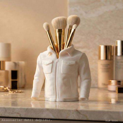 Beyaz Fermuarlı Cepli Deri Ceket Formlu Makyaj Fırçalığı Masaüstü Kozmetik Düzenleyici