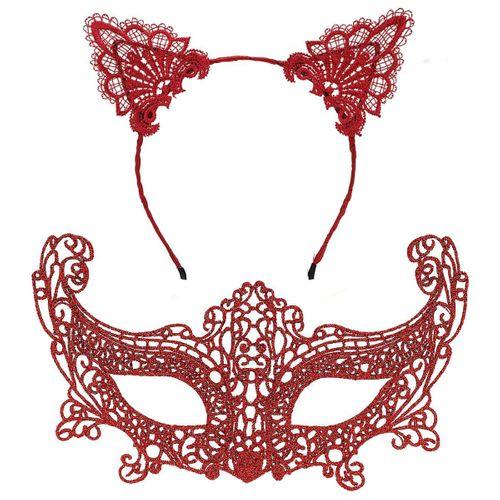 Romantik Kırmızı Dantel Maske Seti – Kedi Kulaklı Taç ve Maske 3 No