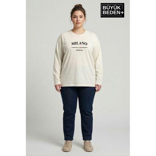 Kadın Büyük Beden Milano İtalia Baskılı 2 İplik Bisiklet Yaka Tişört SPR26BTSK942-9