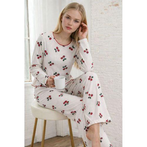 Kadın Uzun Kollu Bisiklet Yaka Desenli Burgu Bluz Ve Pijama Ikili Takım