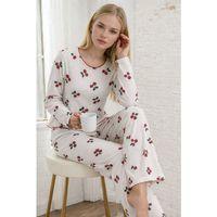 Kadın Uzun Kollu Bisiklet Yaka Desenli Burgu Bluz Ve Pijama Ikili Takım