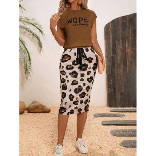 Kadın Kısa Kollu Bisiklet Yaka Viskon Bluz Desenli Dalgıç Etek Ikili Takım