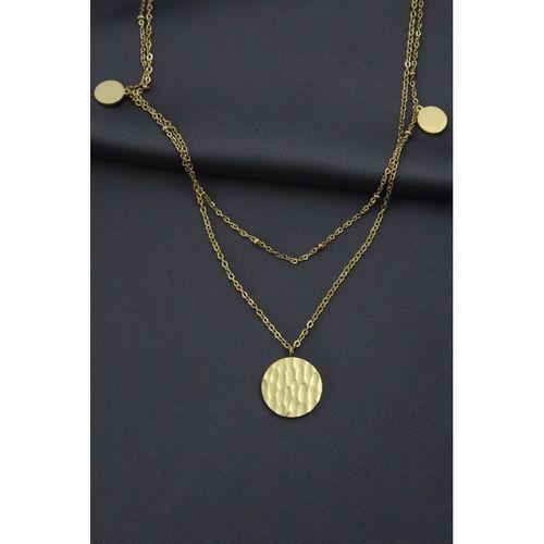 Çelik Gold Renk Desenli Oval Model Çift Zincir Tasarımlı Kadın Kolye