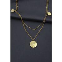 Çelik Gold Renk Desenli Oval Model Çift Zincir Tasarımlı Kadın Kolye