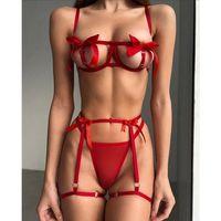 Özel Tasarım Kırmızı Kurdela Detaylı Jartiyerli Fantezi Sütyen String Takımı