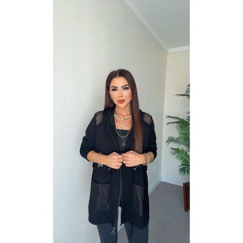 Kadın Uzun Kollu önü Fermuarlı File Detaylı Belden Bağcıklı Kısa Modal Ceket