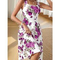 Kadın Askılı Kare Yakalı çiçek Desenli Midi Dalgıç Elbise