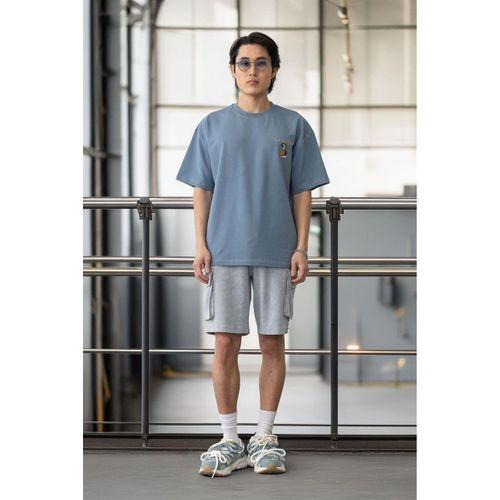 Cep Baskılı İki İplik Kumaş Pamuklu Oversize Erkek T-Shirt - Soğuk Mavi